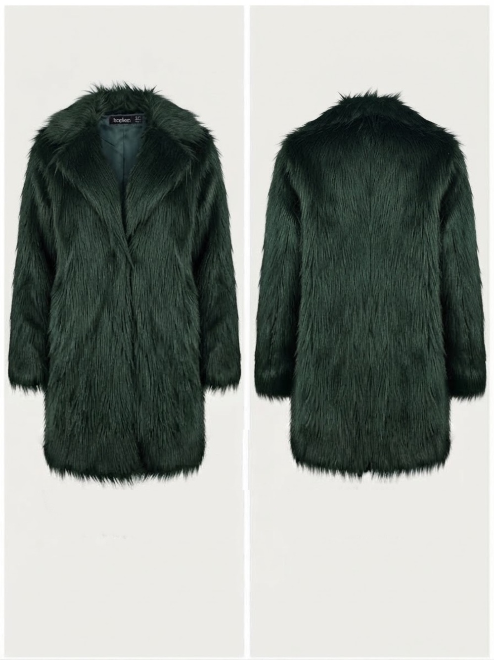 BOOHOO Dark Hunter Green Shaggy Faux Fur Knee-Length Coat (Size US 4 / UK 8)